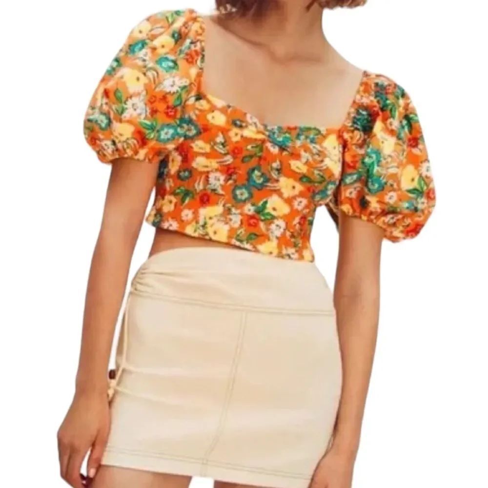 NWT ZARA Orange Floral Puff Sleeve Crop Top L